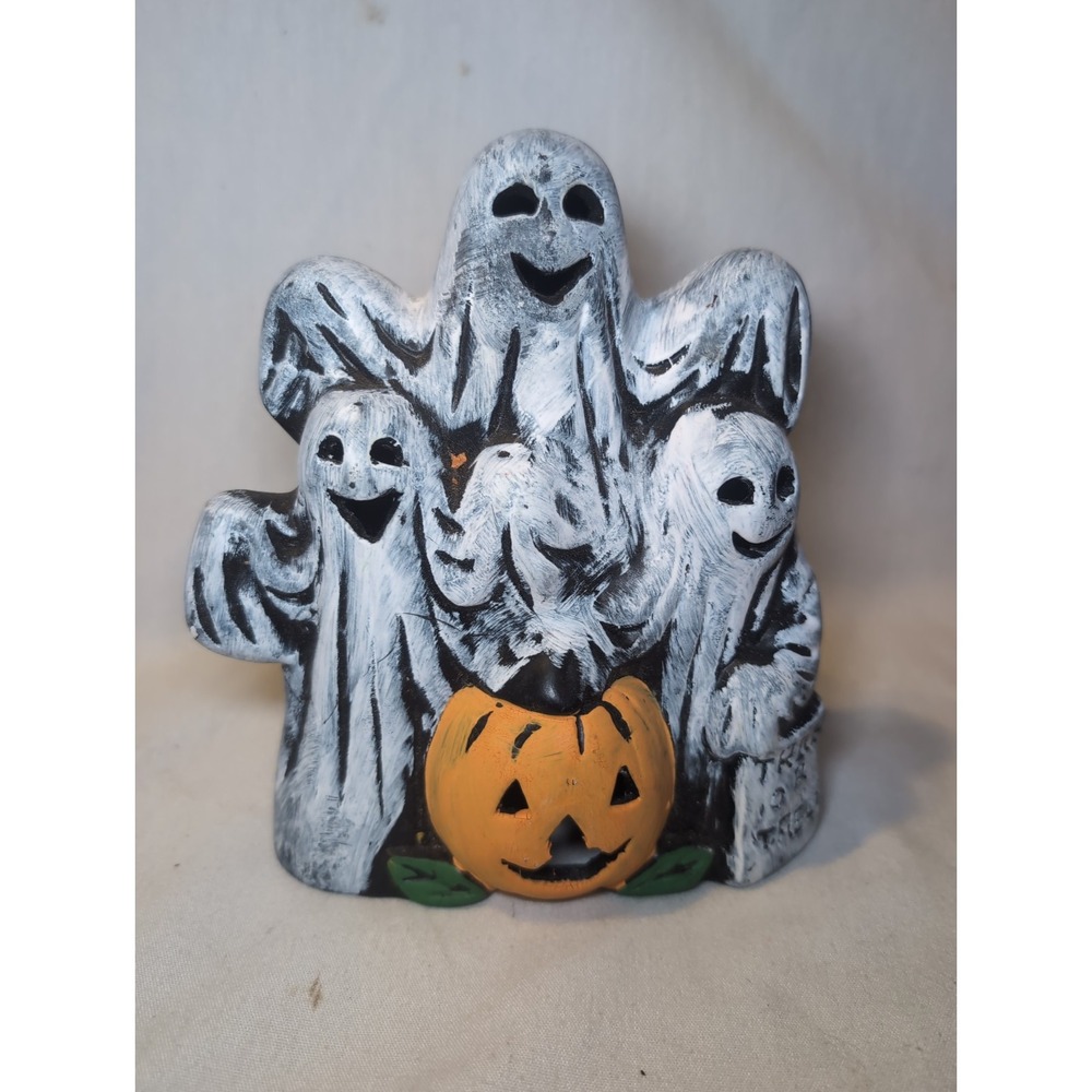 Vintage Halloween Ghost Trio Ceramic Tealight Candle Holder Cover 7"x5.5" READ